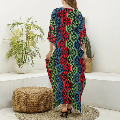 Colorful Japanese Flower Pattern Print Silk V-Neck Kaftan Dress