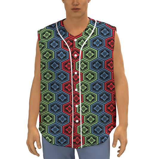 Colorful Japanese Flower Pattern Print Sleeveless Baseball Jersey