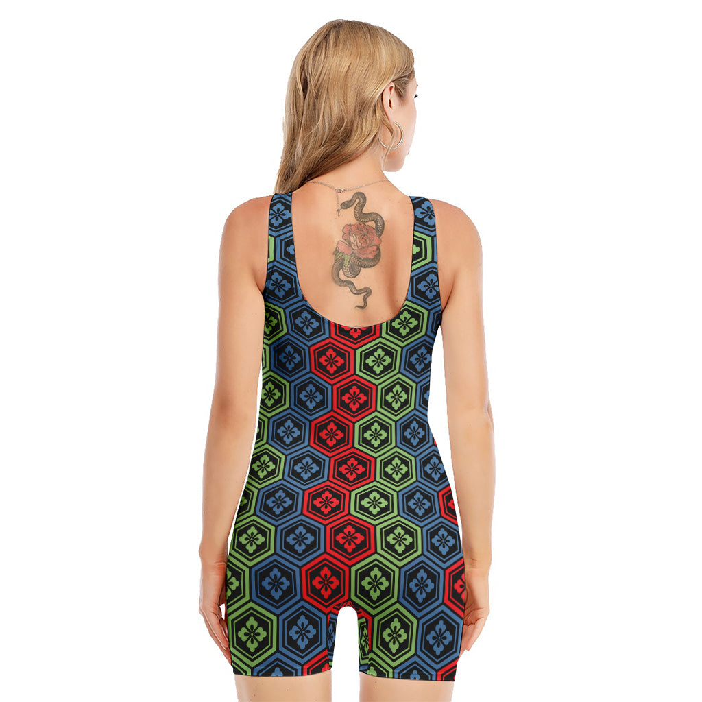 Colorful Japanese Flower Pattern Print Sleeveless One Piece Swimsuit