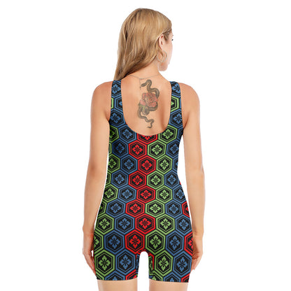 Colorful Japanese Flower Pattern Print Sleeveless One Piece Swimsuit