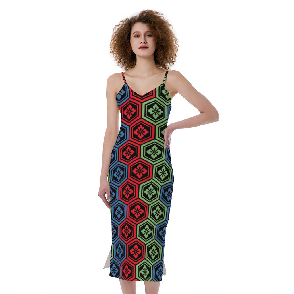 Colorful Japanese Flower Pattern Print Slim Fit Midi Cami Dress