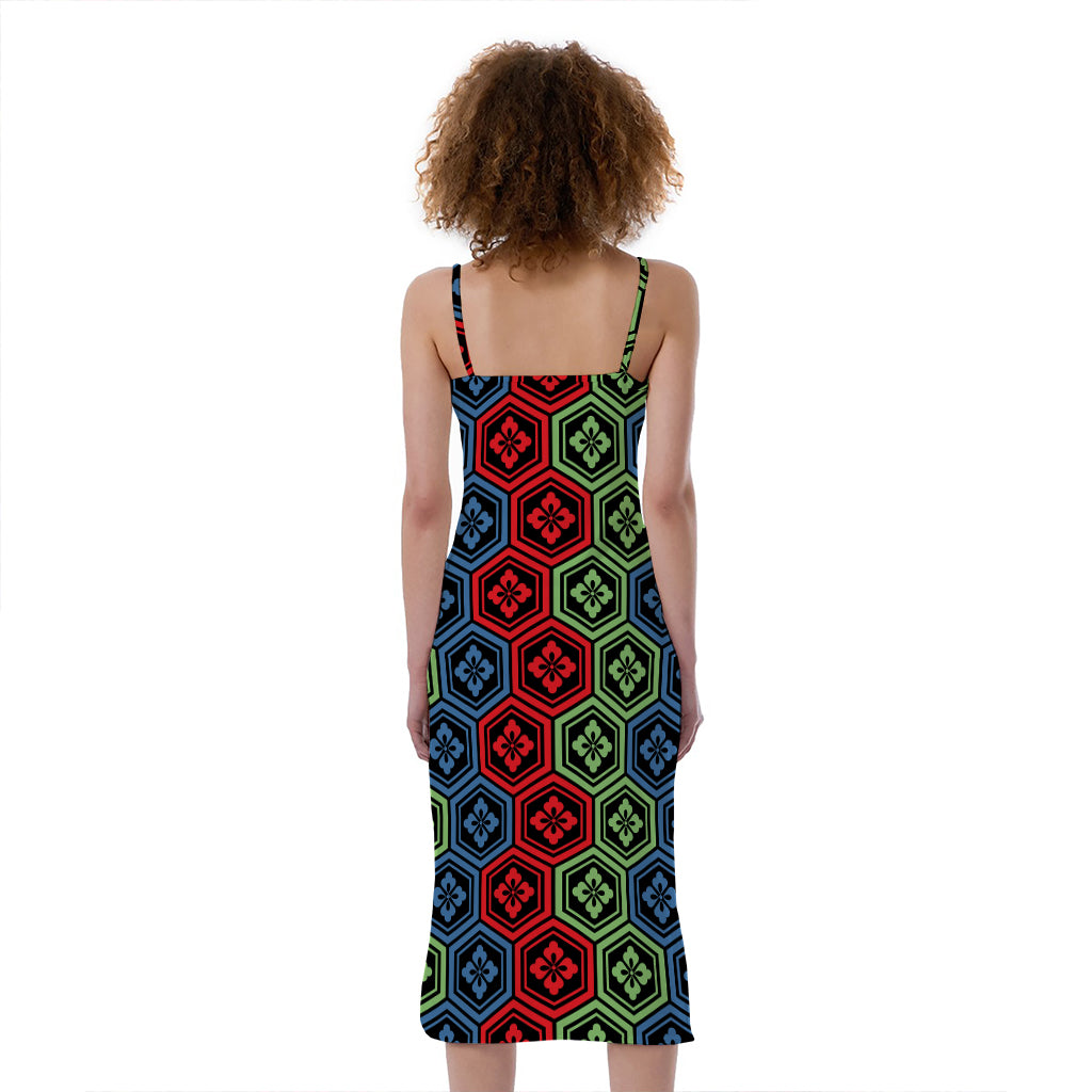 Colorful Japanese Flower Pattern Print Slim Fit Midi Cami Dress