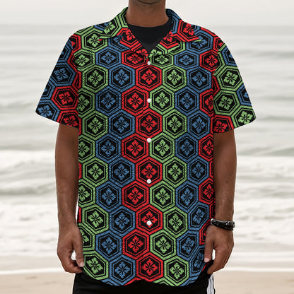 Colorful Japanese Flower Pattern Print Textured Short Sleeve Shirt