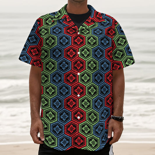 Colorful Japanese Flower Pattern Print Textured Short Sleeve Shirt