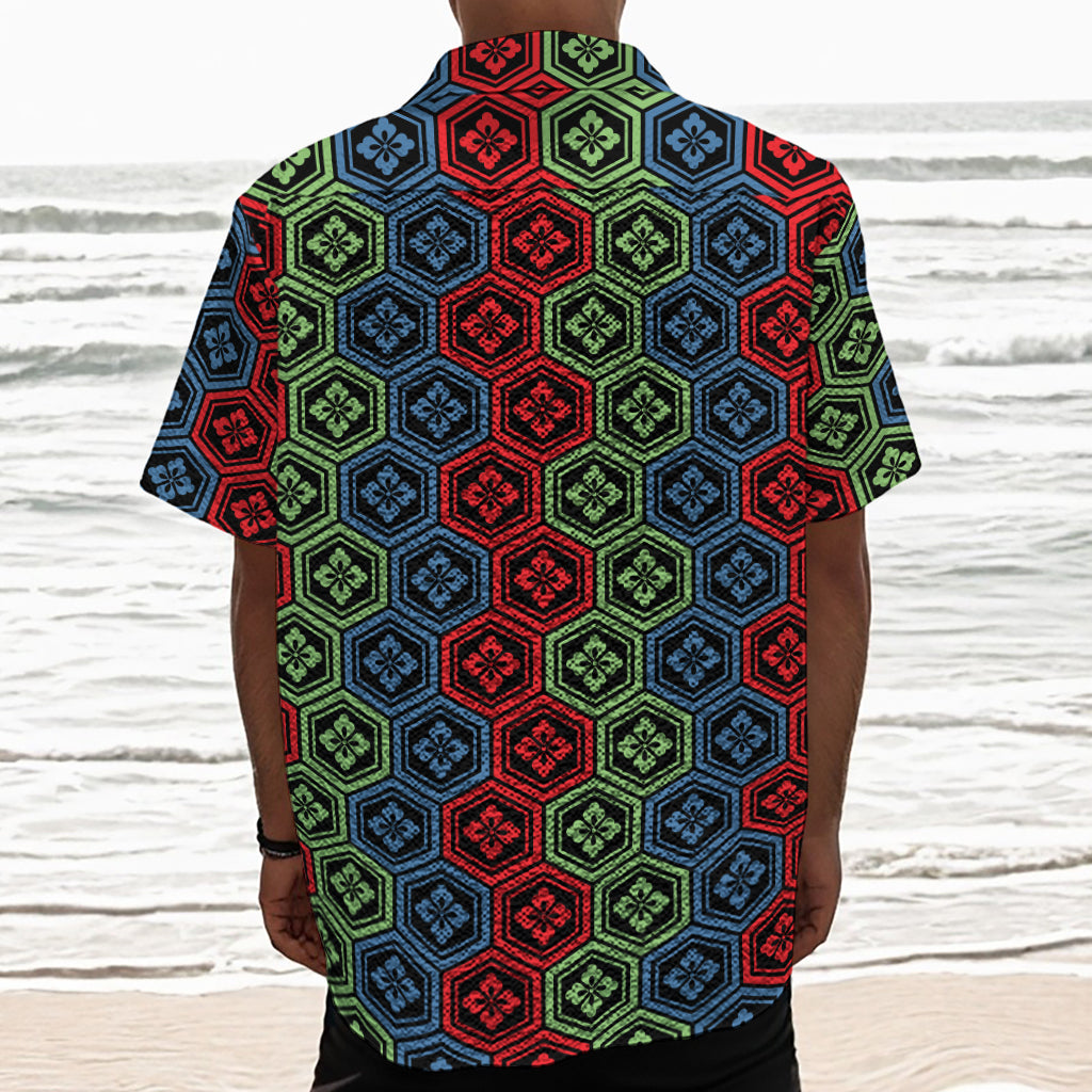 Colorful Japanese Flower Pattern Print Textured Short Sleeve Shirt