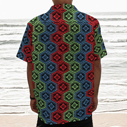 Colorful Japanese Flower Pattern Print Textured Short Sleeve Shirt