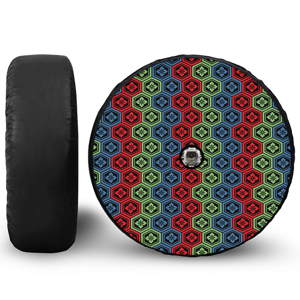 Colorful Japanese Flower Pattern Print Tire Cover With Camera Hole