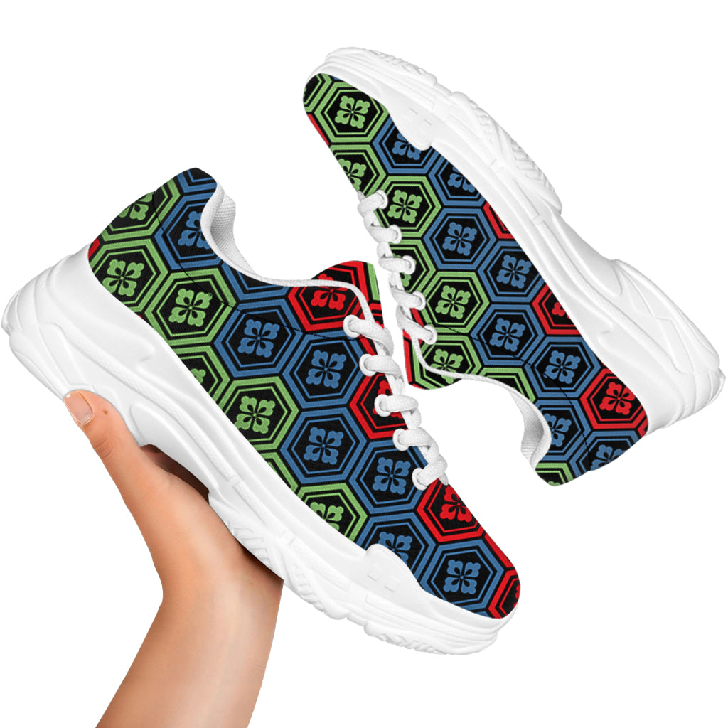 Colorful Japanese Flower Pattern Print White Chunky Shoes