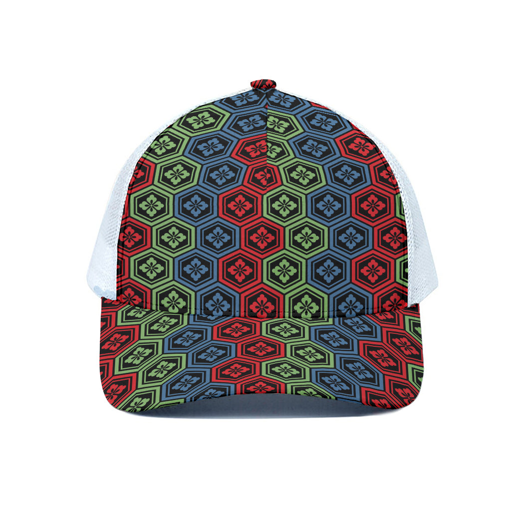 Colorful Japanese Flower Pattern Print White Mesh Trucker Cap