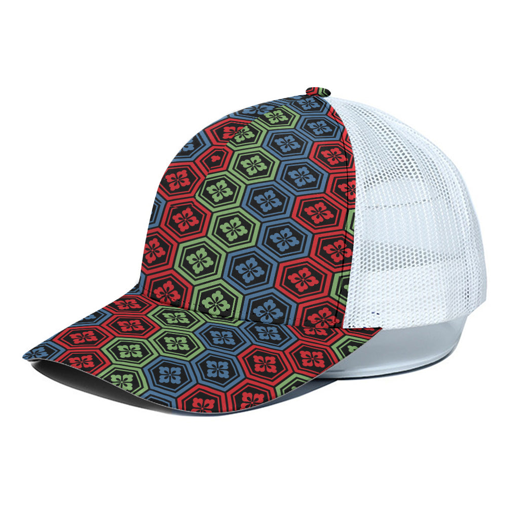 Colorful Japanese Flower Pattern Print White Mesh Trucker Cap