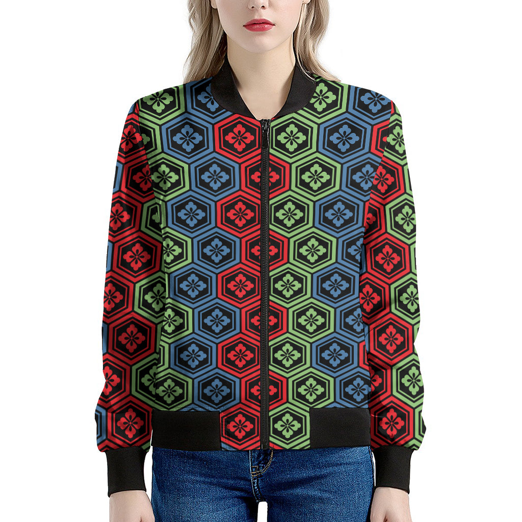 Colorful Japanese Flower Pattern Print Women's Bomber Jacket