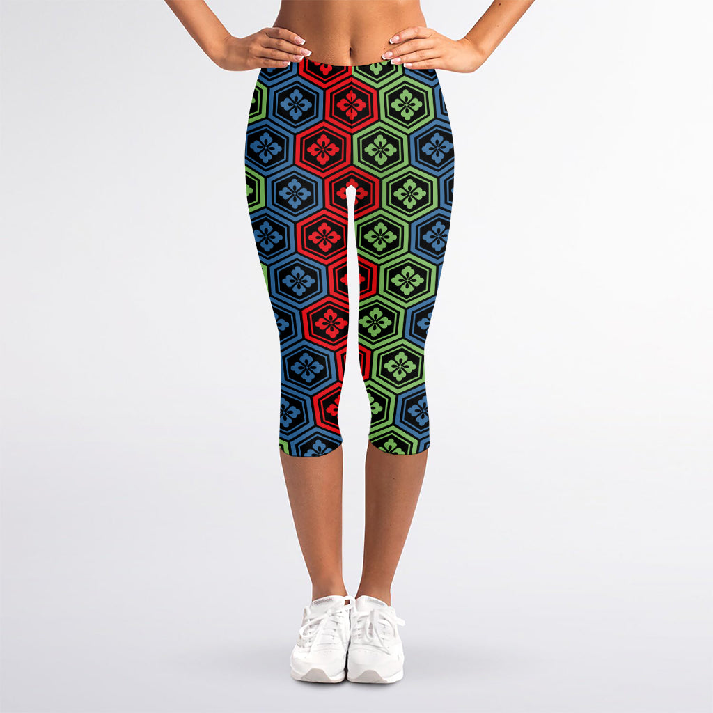 Colorful Japanese Flower Pattern Print Women's Capri Leggings