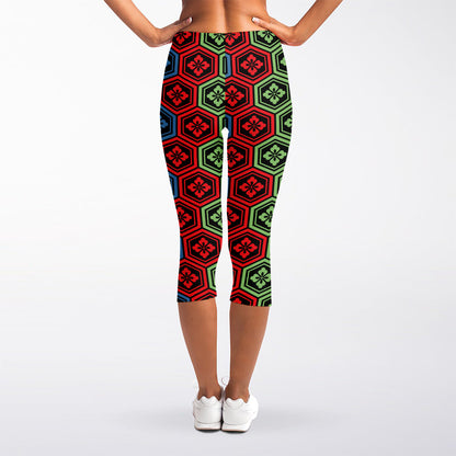 Colorful Japanese Flower Pattern Print Women's Capri Leggings