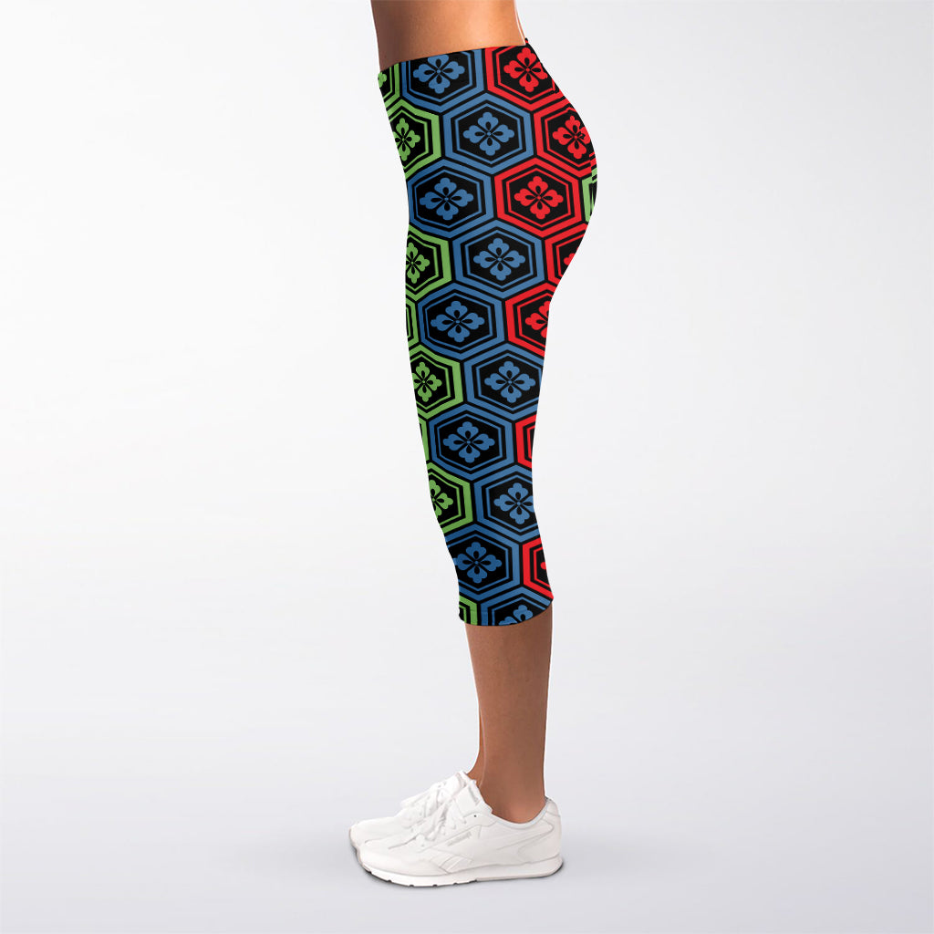 Colorful Japanese Flower Pattern Print Women's Capri Leggings