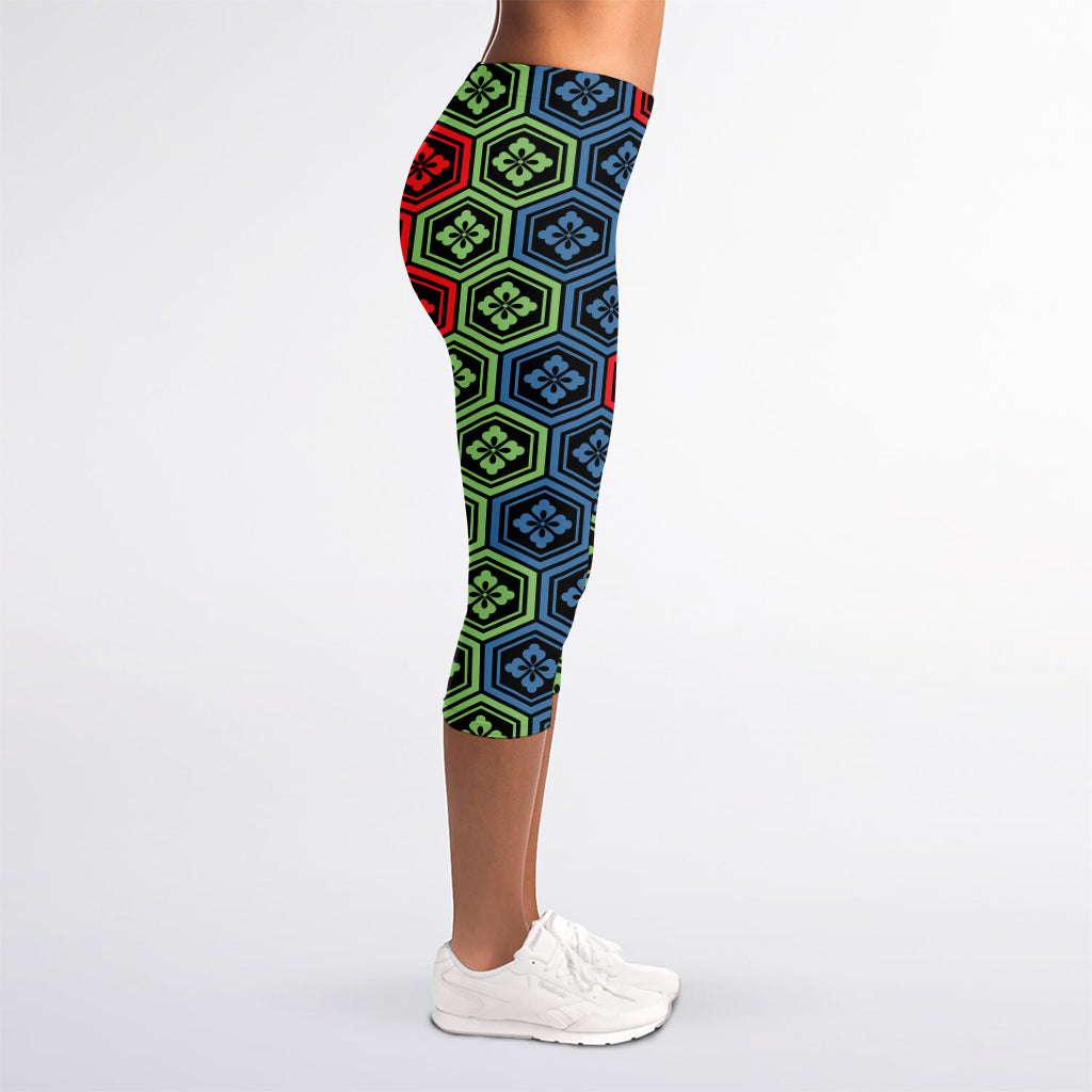 Colorful Japanese Flower Pattern Print Women's Capri Leggings