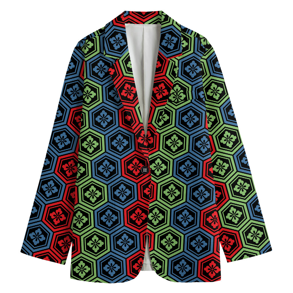 Colorful Japanese Flower Pattern Print Women's Cotton Blazer