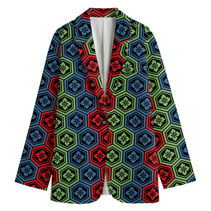 Colorful Japanese Flower Pattern Print Women's Cotton Blazer