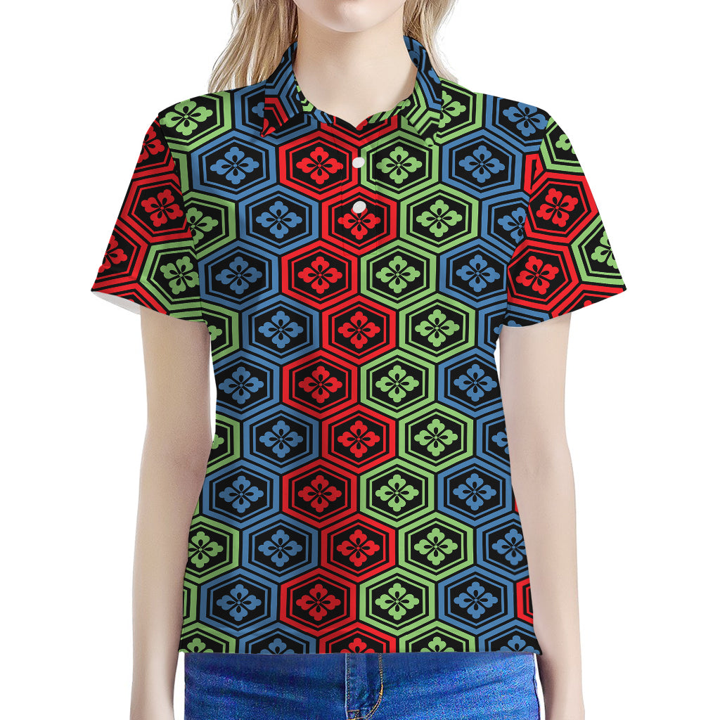 Colorful Japanese Flower Pattern Print Women's Polo Shirt