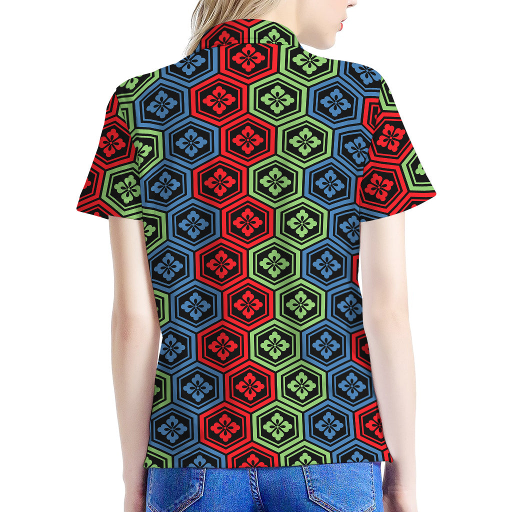 Colorful Japanese Flower Pattern Print Women's Polo Shirt