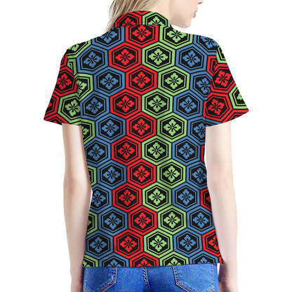 Colorful Japanese Flower Pattern Print Women's Polo Shirt