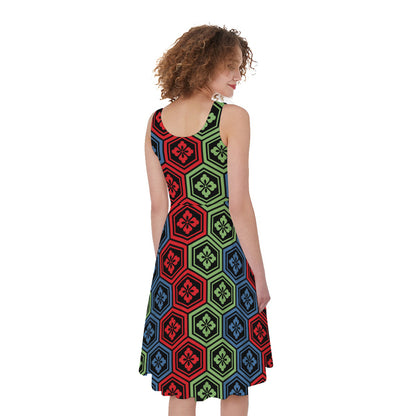Colorful Japanese Flower Pattern Print Women's Sleeveless Dress