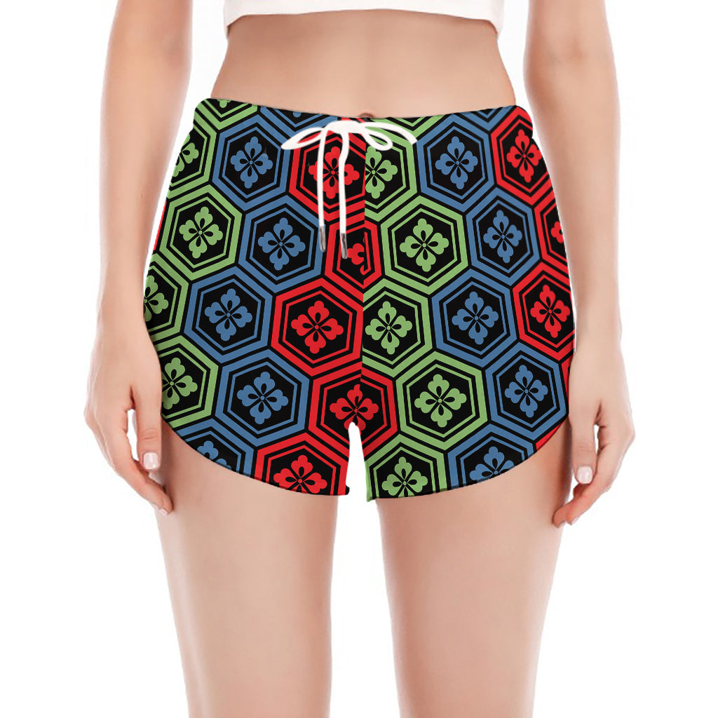 Colorful Japanese Flower Pattern Print Women's Split Running Shorts