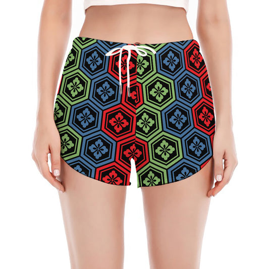 Colorful Japanese Flower Pattern Print Women's Split Running Shorts