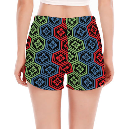 Colorful Japanese Flower Pattern Print Women's Split Running Shorts