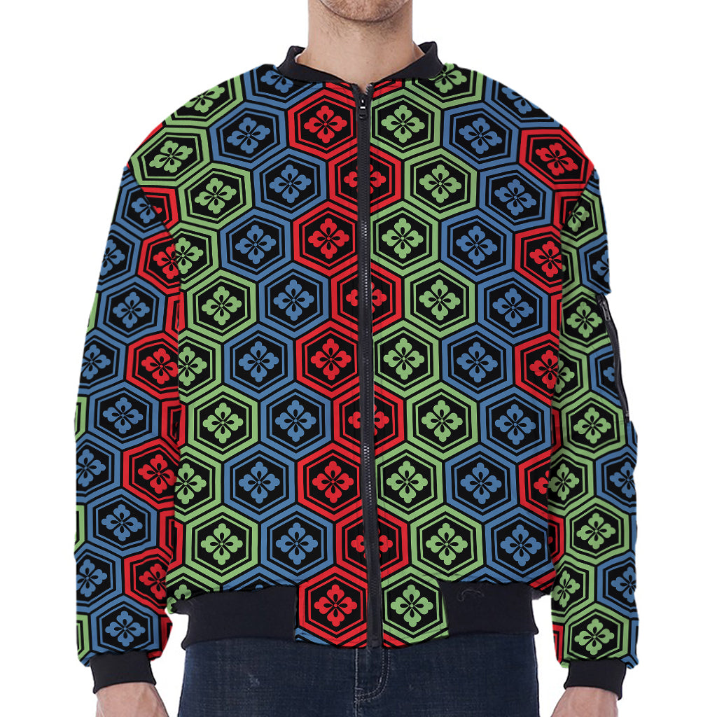 Colorful Japanese Flower Pattern Print Zip Sleeve Bomber Jacket