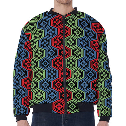 Colorful Japanese Flower Pattern Print Zip Sleeve Bomber Jacket