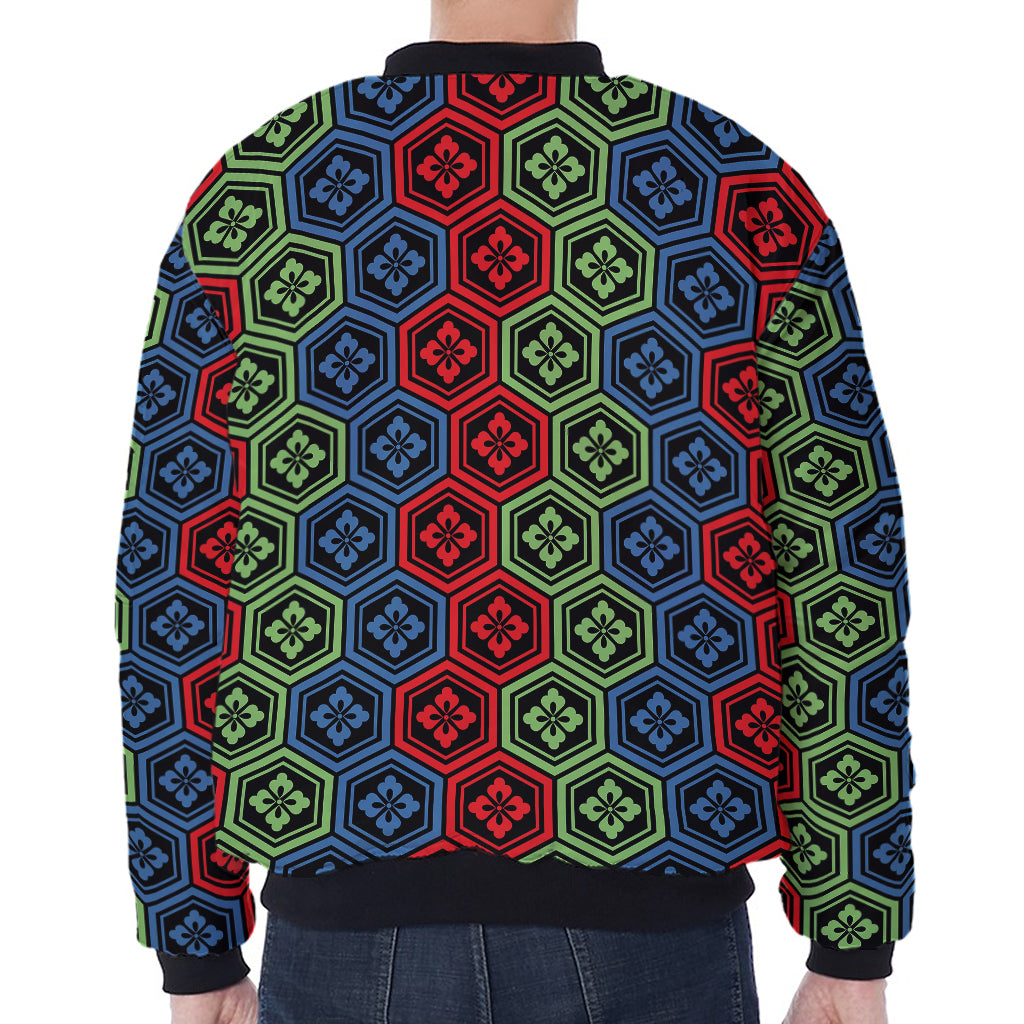 Colorful Japanese Flower Pattern Print Zip Sleeve Bomber Jacket