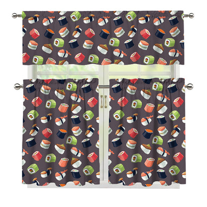 Colorful Japanese Sushi Pattern Print 3 Piece Kitchen Curtains