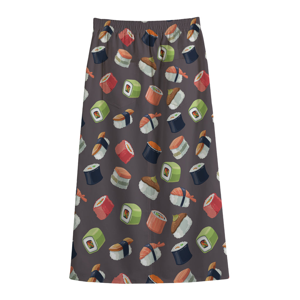Colorful Japanese Sushi Pattern Print Cotton Front Slit Maxi Skirt