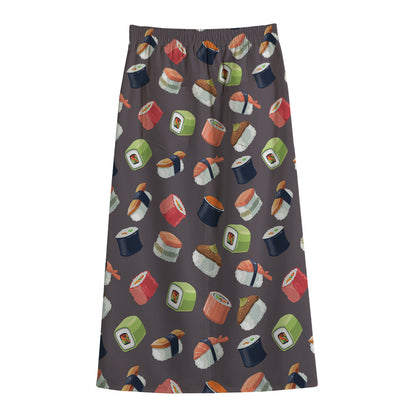 Colorful Japanese Sushi Pattern Print Cotton Front Slit Maxi Skirt