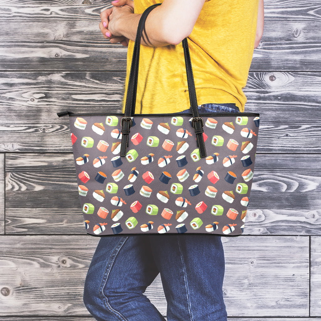 Colorful Japanese Sushi Pattern Print Leather Tote Bag