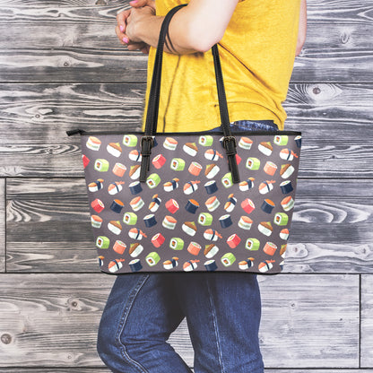 Colorful Japanese Sushi Pattern Print Leather Tote Bag