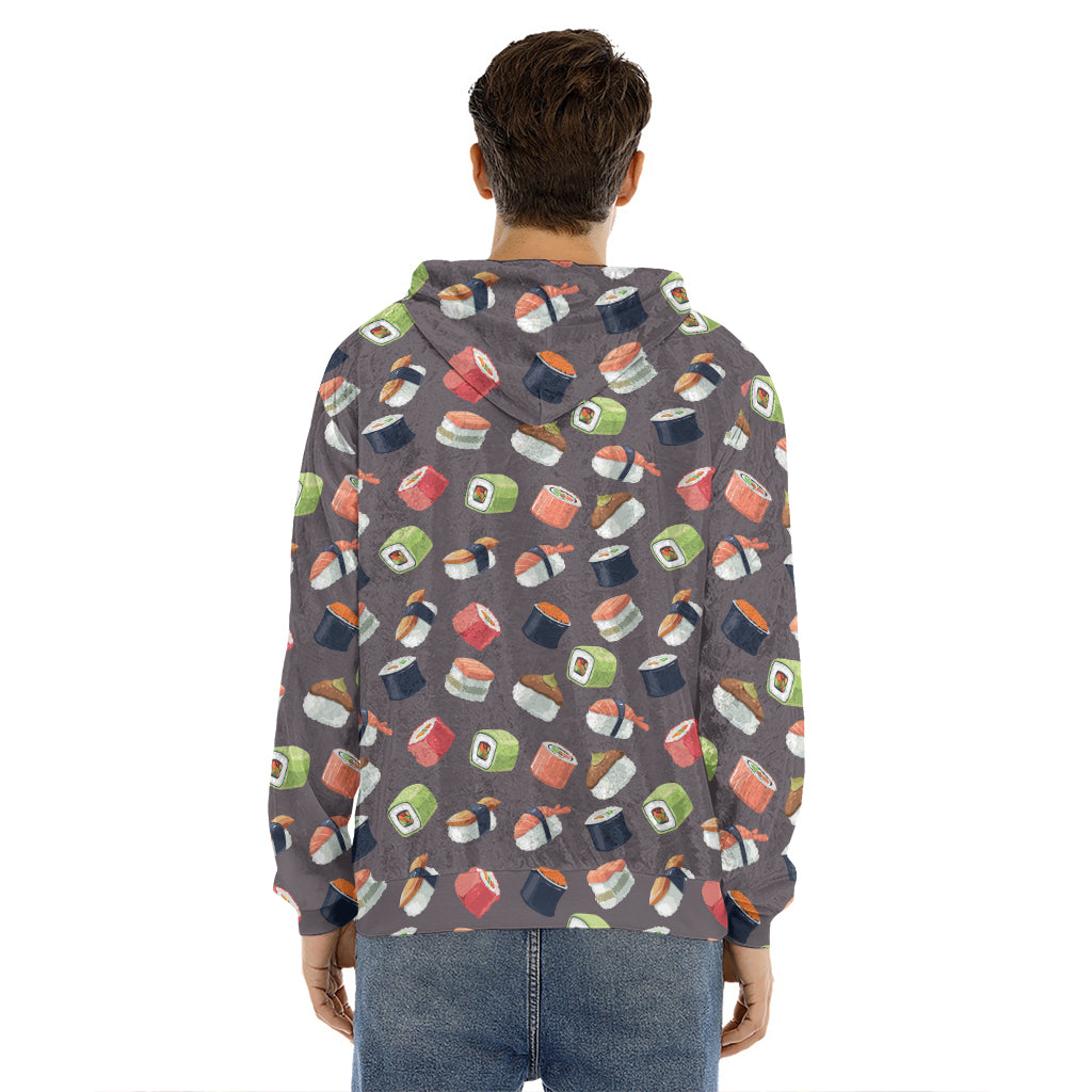 Colorful Japanese Sushi Pattern Print Men's Velvet Pullover Hoodie
