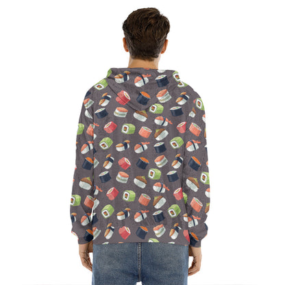 Colorful Japanese Sushi Pattern Print Men's Velvet Pullover Hoodie