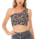 Colorful Japanese Sushi Pattern Print One Shoulder Crop Top
