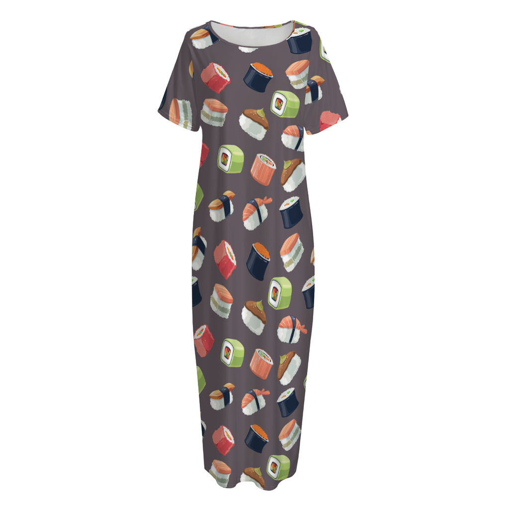 Colorful Japanese Sushi Pattern Print Short Sleeve Long Nightdress