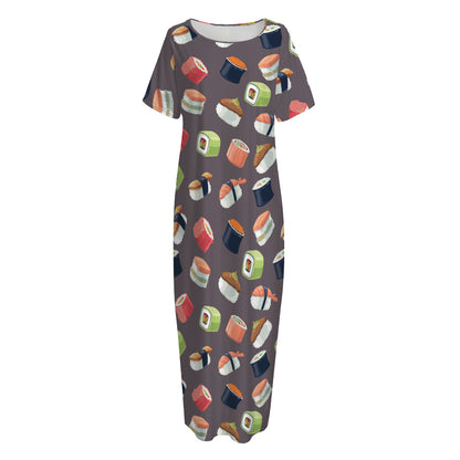 Colorful Japanese Sushi Pattern Print Short Sleeve Long Nightdress
