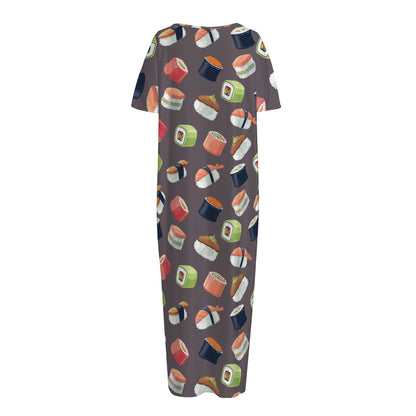 Colorful Japanese Sushi Pattern Print Short Sleeve Long Nightdress