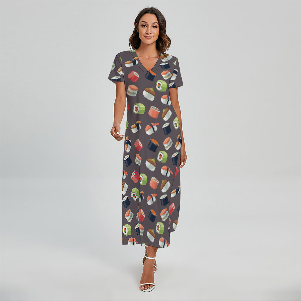 Colorful Japanese Sushi Pattern Print Short Sleeve Maxi Dress
