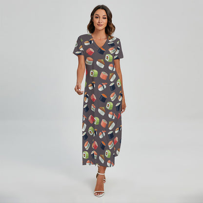 Colorful Japanese Sushi Pattern Print Short Sleeve Maxi Dress