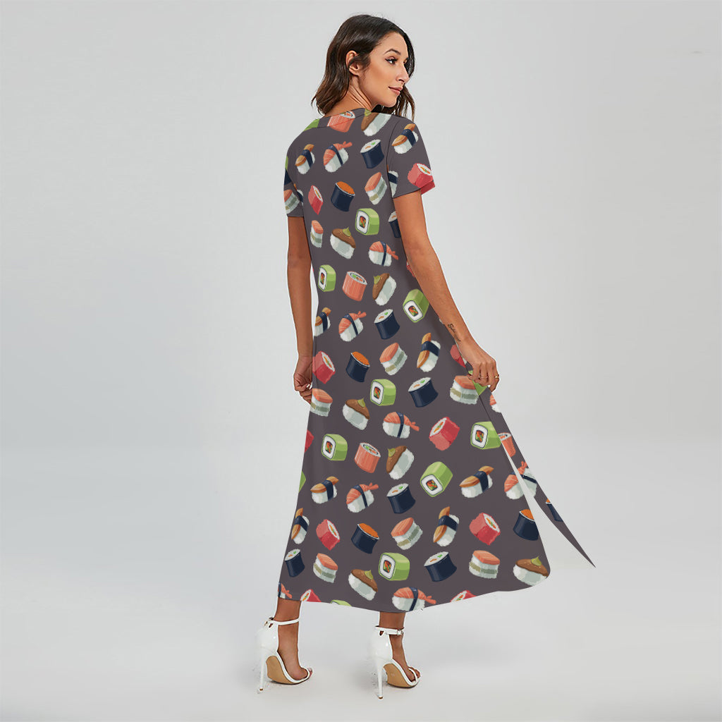 Colorful Japanese Sushi Pattern Print Short Sleeve Maxi Dress