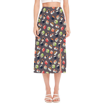 Colorful Japanese Sushi Pattern Print Side Slit Midi Skirt