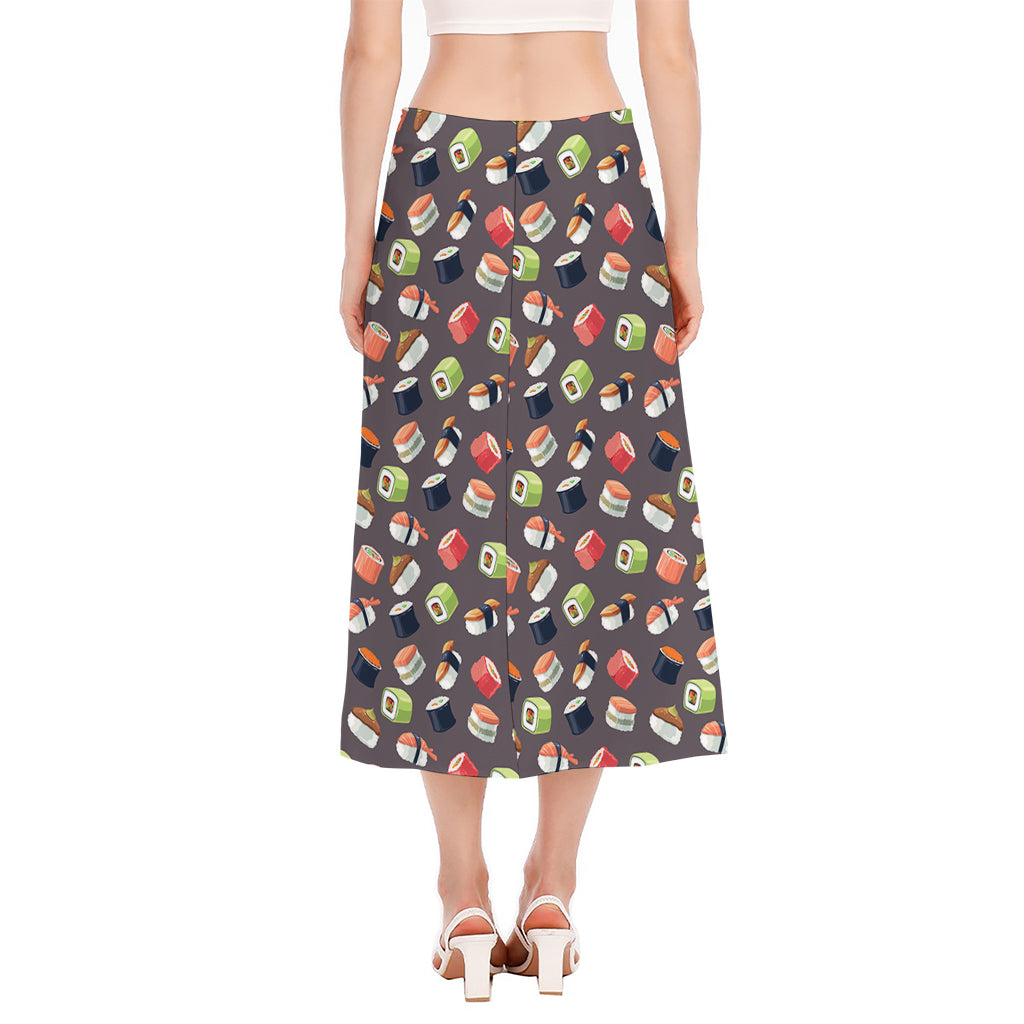 Colorful Japanese Sushi Pattern Print Side Slit Midi Skirt