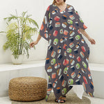 Colorful Japanese Sushi Pattern Print Silk V-Neck Kaftan Dress