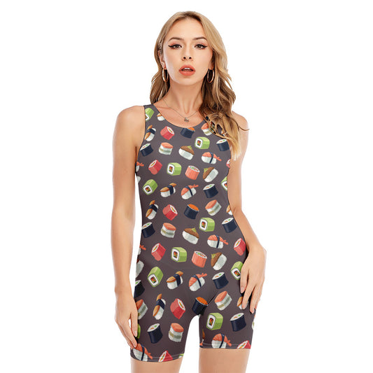 Colorful Japanese Sushi Pattern Print Sleeveless One Piece Swimsuit