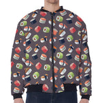 Colorful Japanese Sushi Pattern Print Zip Sleeve Bomber Jacket
